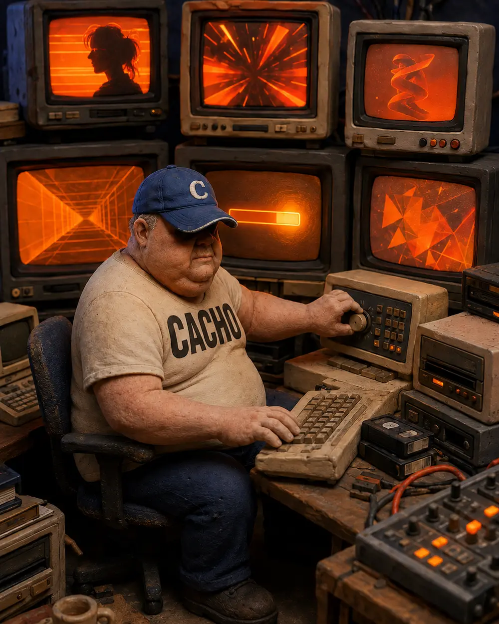 Cacho en su sala de control retro
